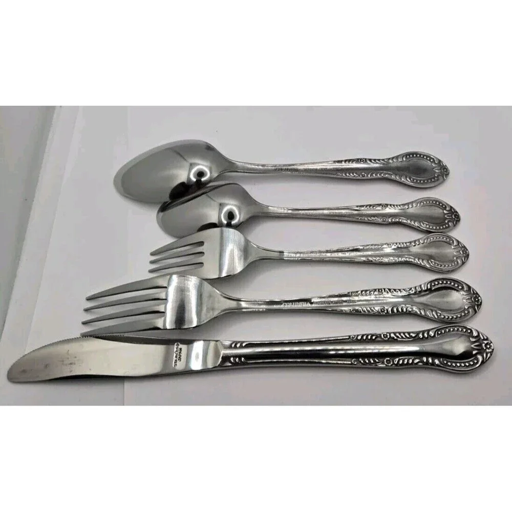 Vintage Stainless Flatware Spoon Knife Fork Columbia Japan Beaded Edge Set of 4